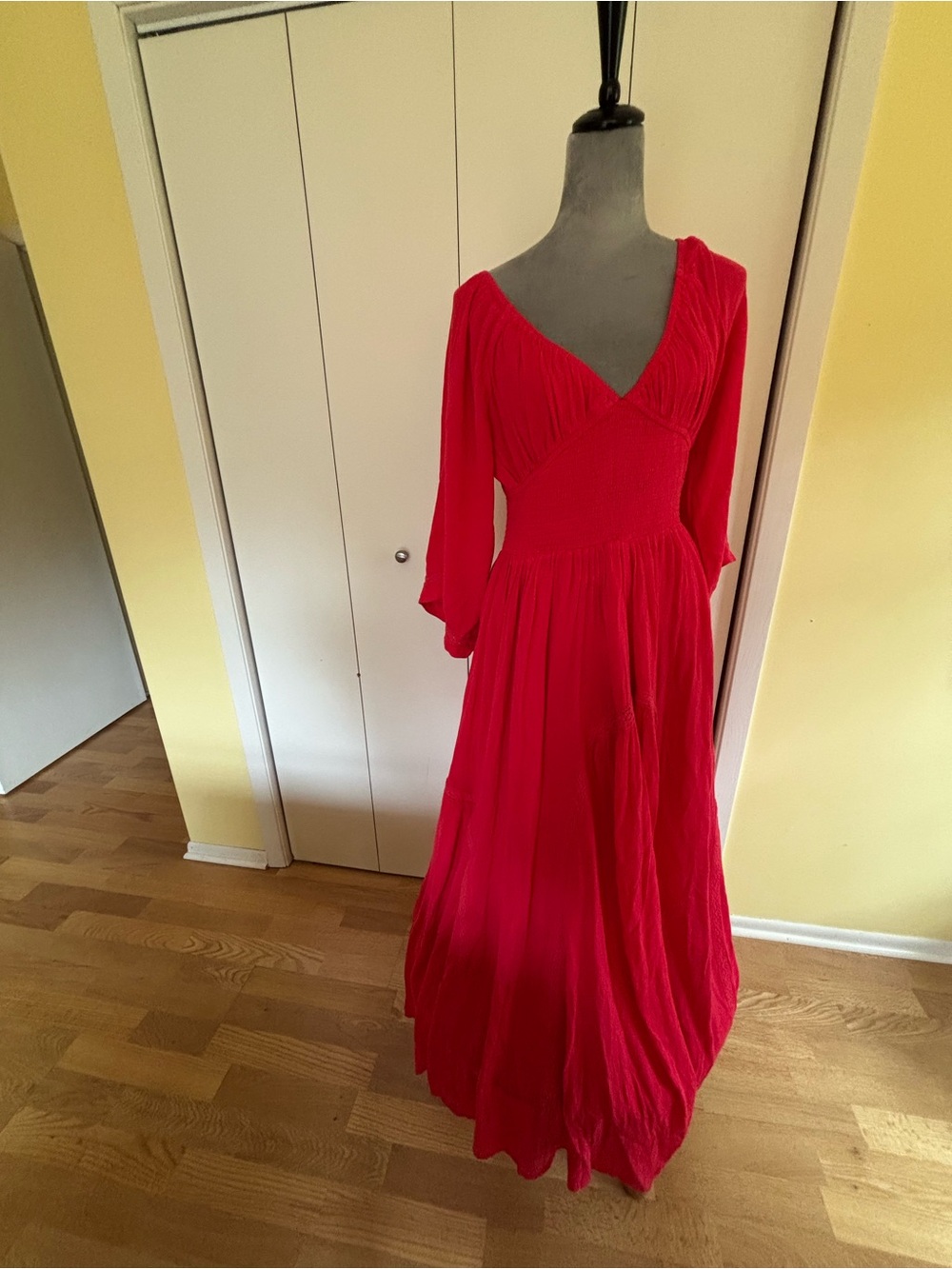 Red V-Neck Maxi Dress - Gauzy cotton Long Sleeve by Free People